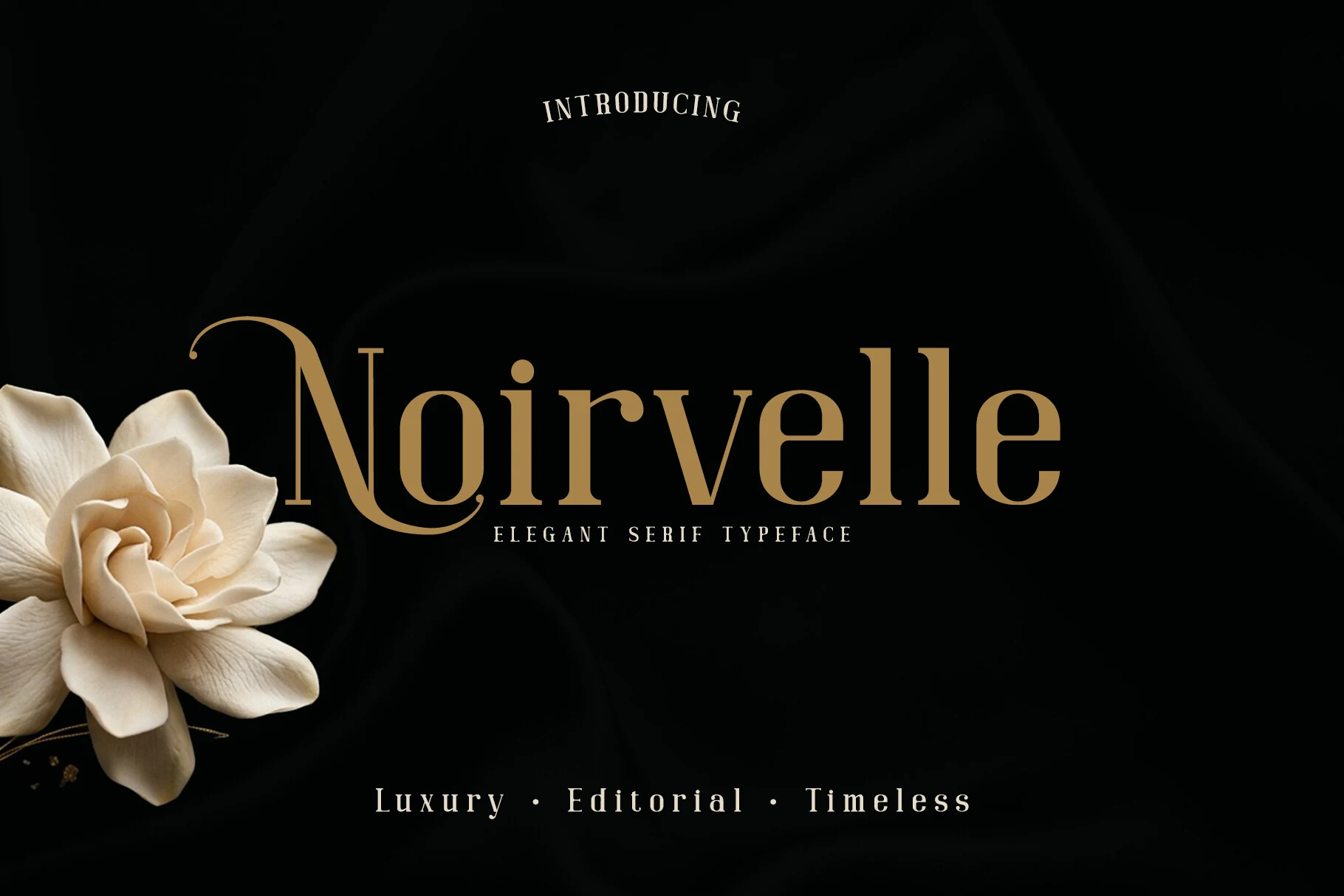 Noirvelle Font preview with gold elegant serif lettering and a curved swash on a dark background