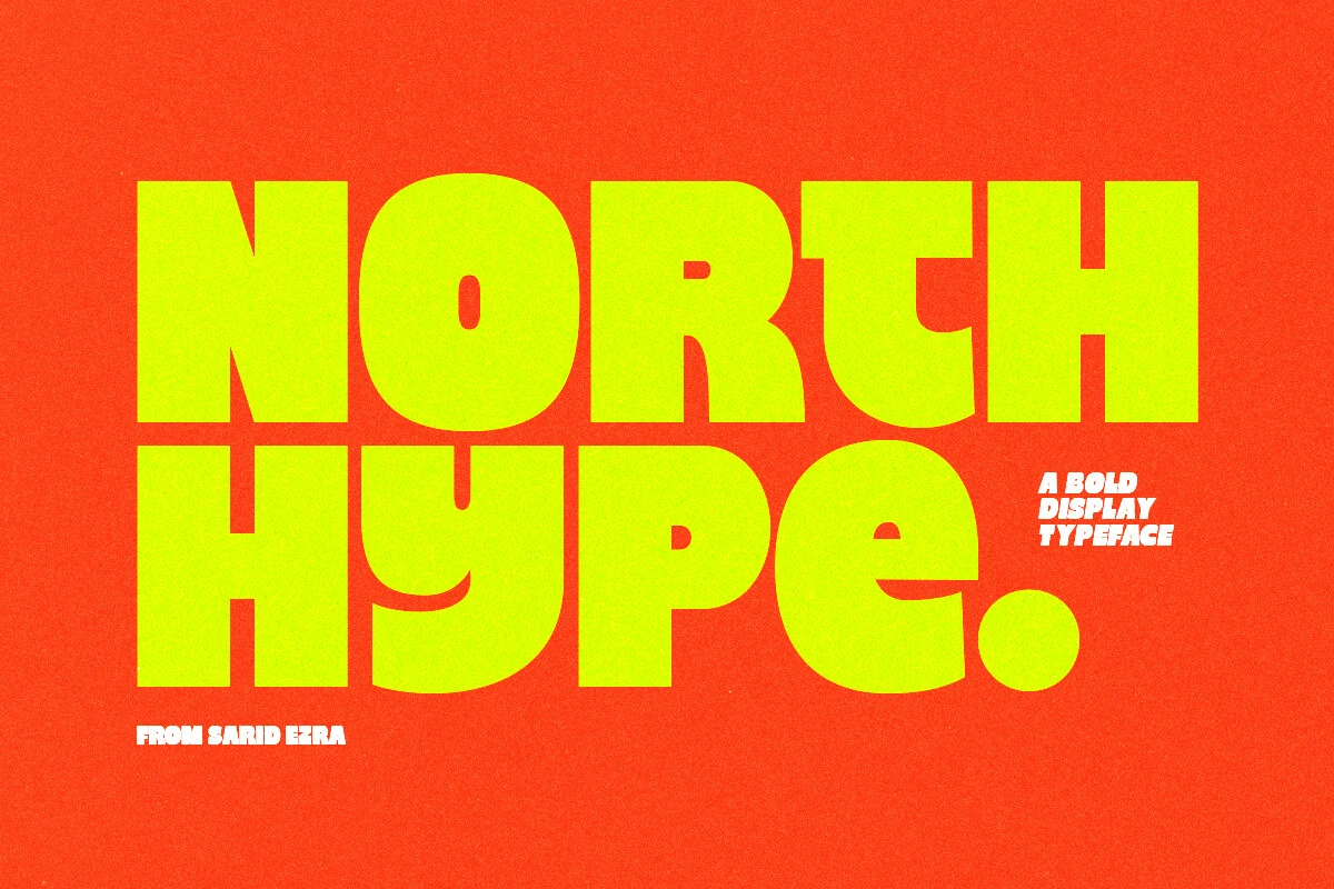North Hype Font preview in chunky lime green block letters with tight spacing on an orange background