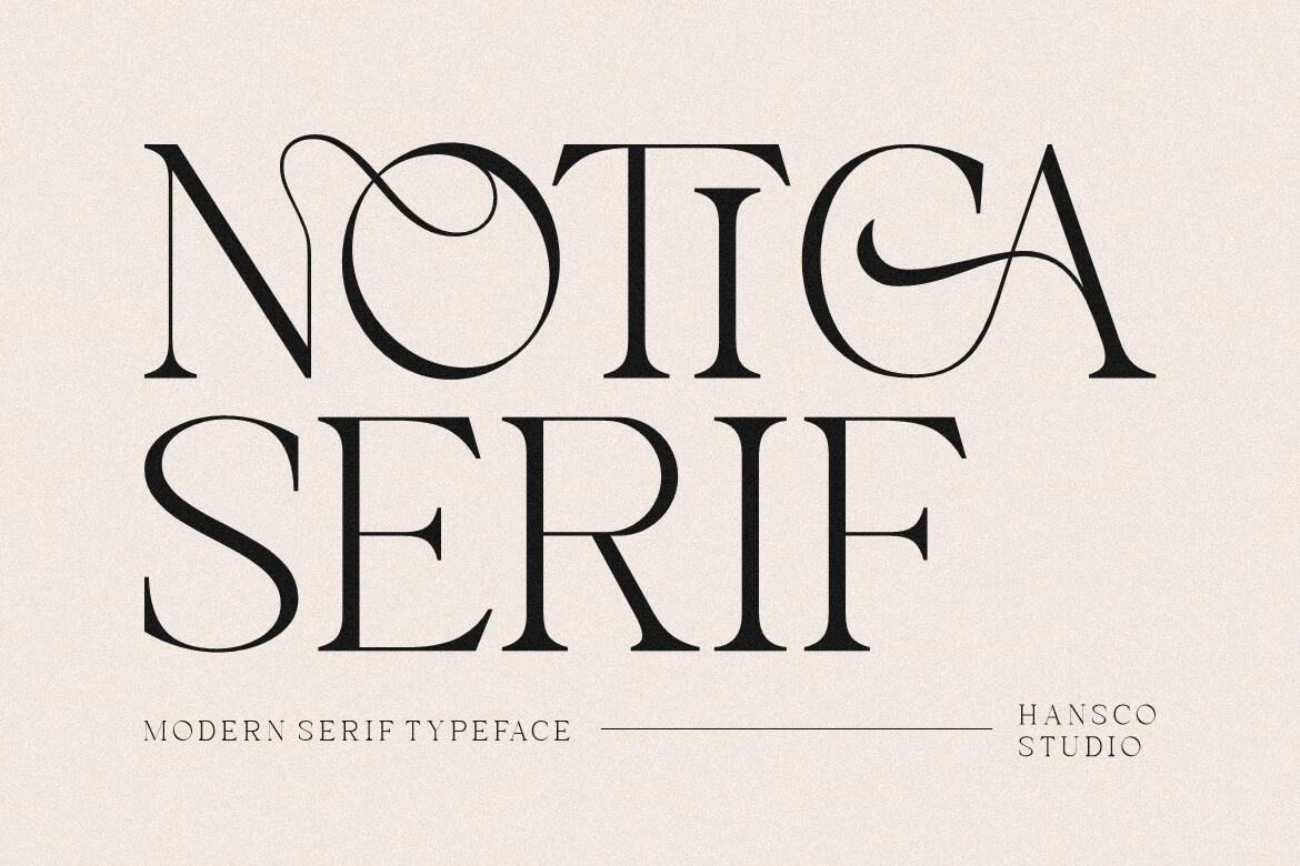 Notica Serif Font preview with black high-contrast serif lettering and delicate swashes