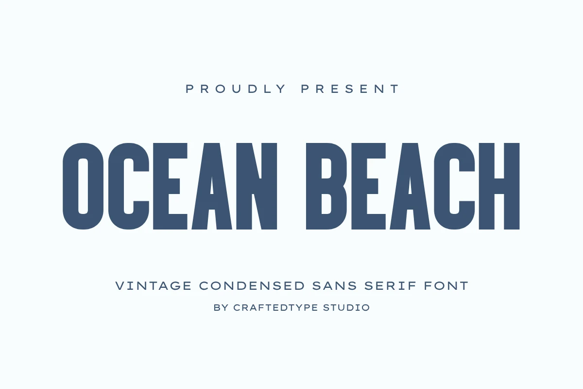 Ocean Beach Font preview with tall blue condensed sans serif lettering in a vintage style