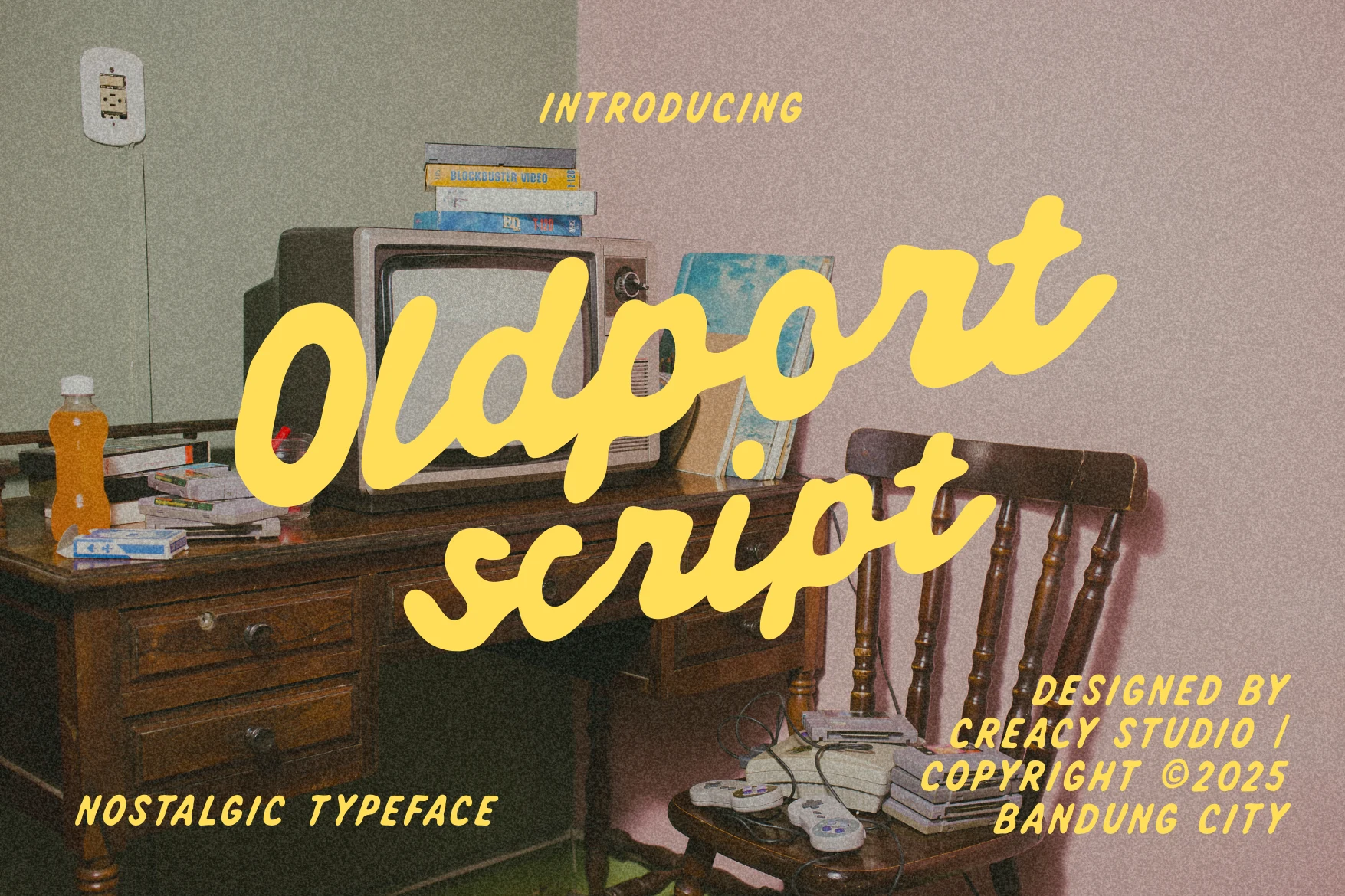 Oldport Script Font preview in bold yellow handwritten script with rounded strokes and a nostalgic retro feel
