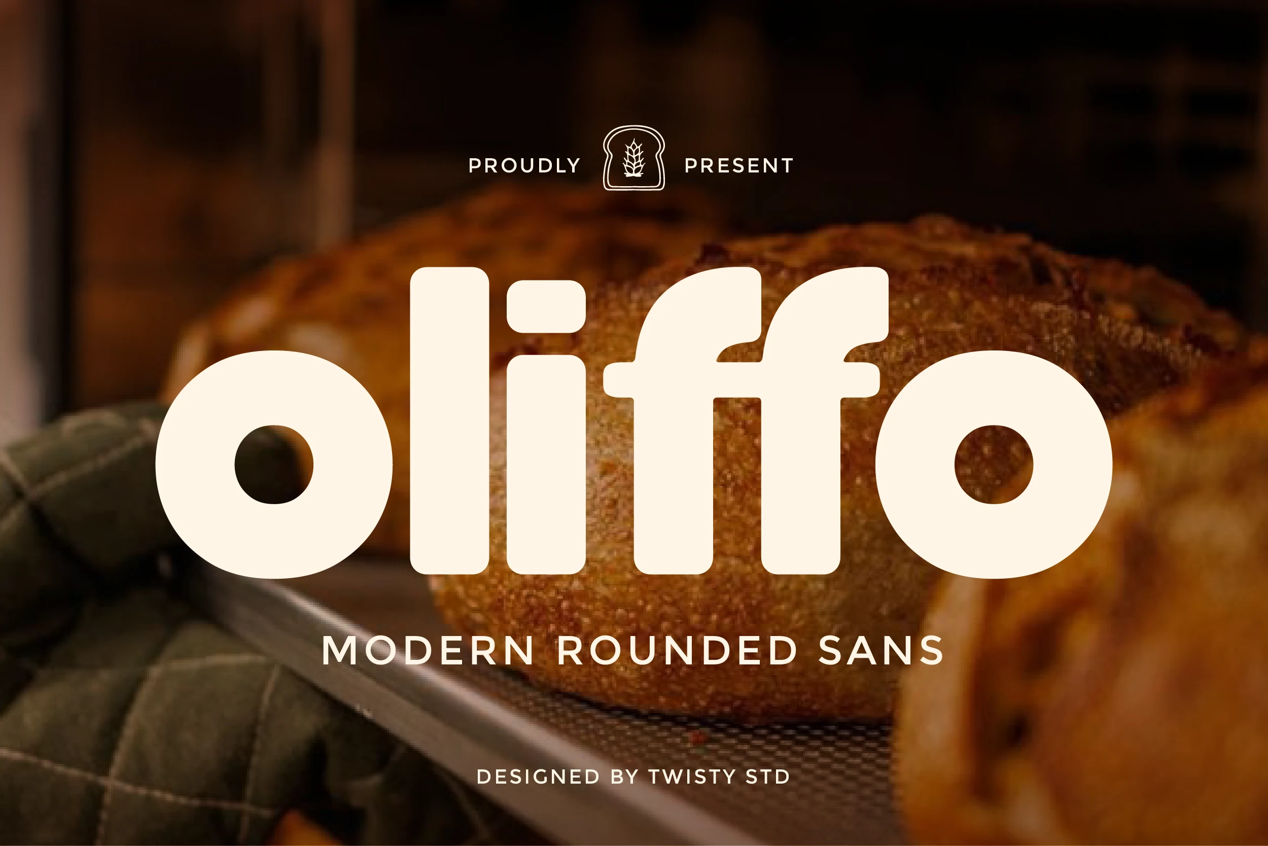 Oliffo Font preview in bold cream rounded sans serif lettering over a warm bakery scene