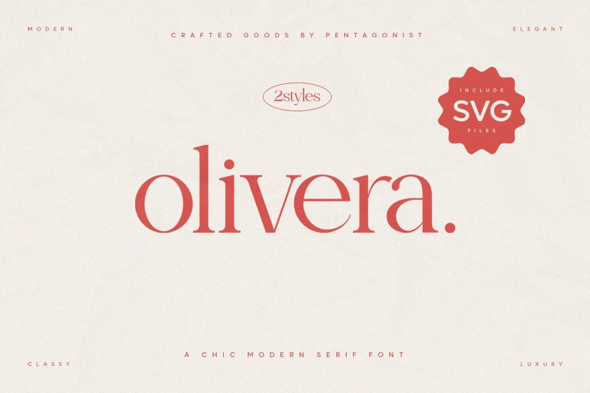 Olivera Font preview with soft coral serif lettering, elegant curves, and a feminine fashion look