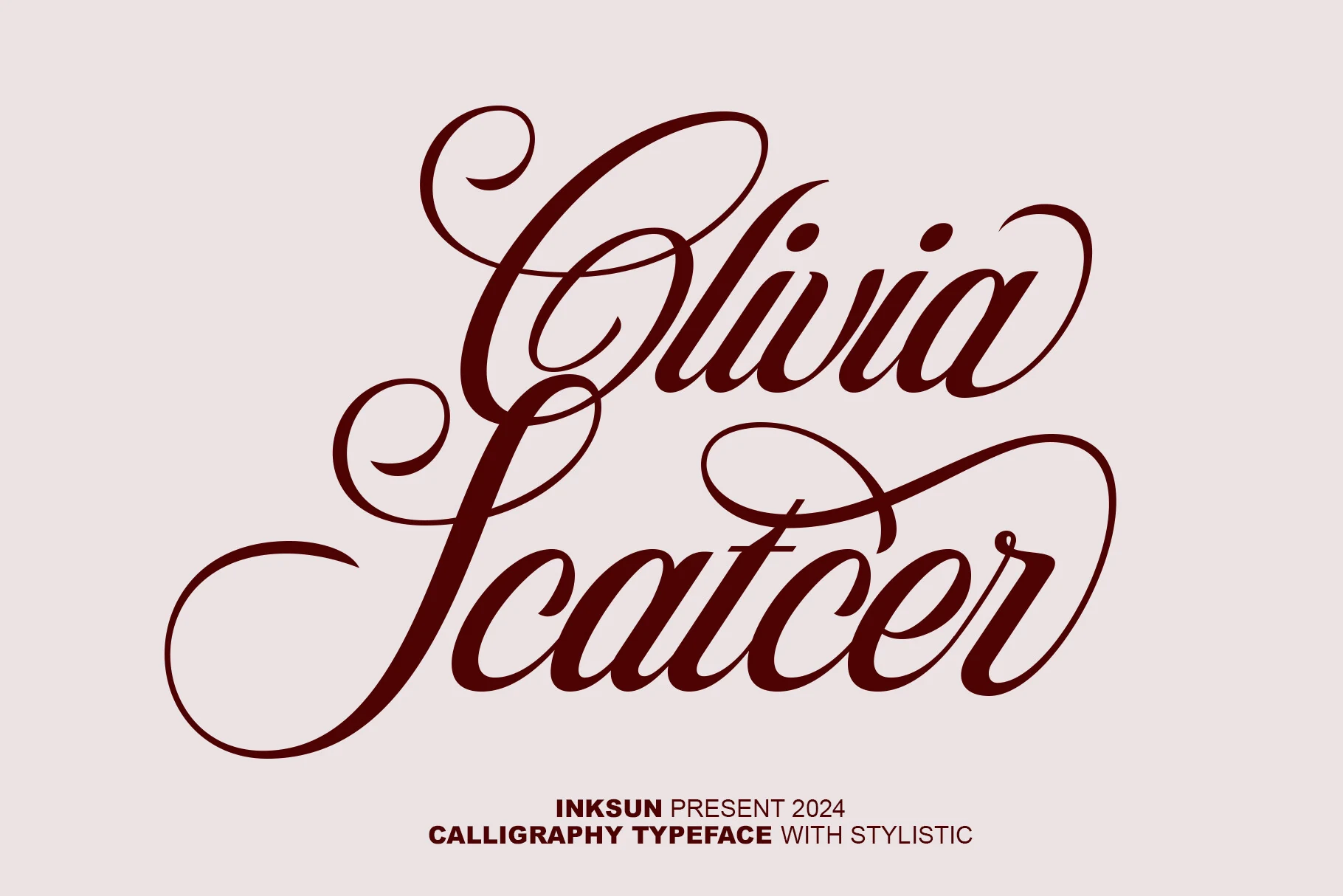 Olivia Scatcer Font preview with deep red calligraphy lettering, bold contrast, and sweeping flourishes