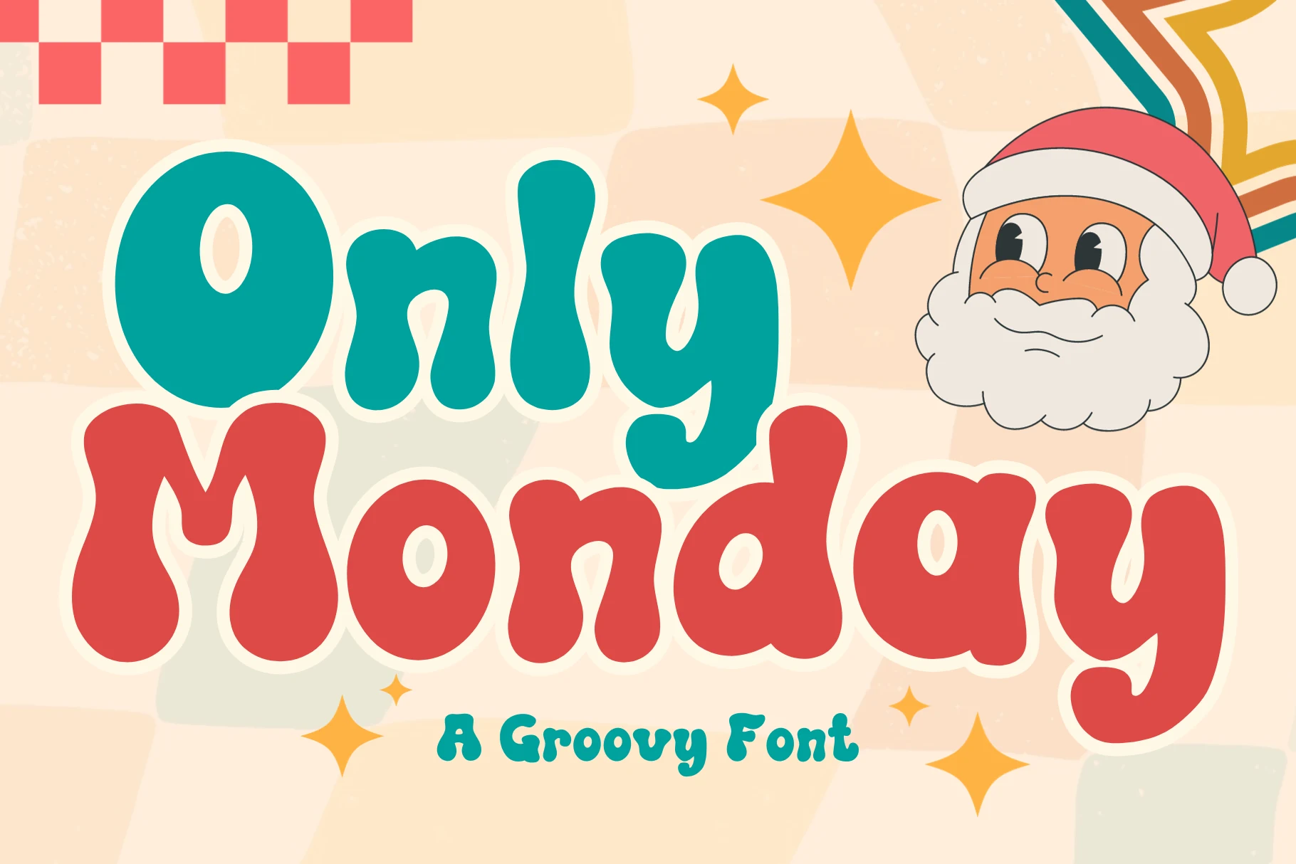 Only Monday Font preview in chunky teal and coral groovy lettering
