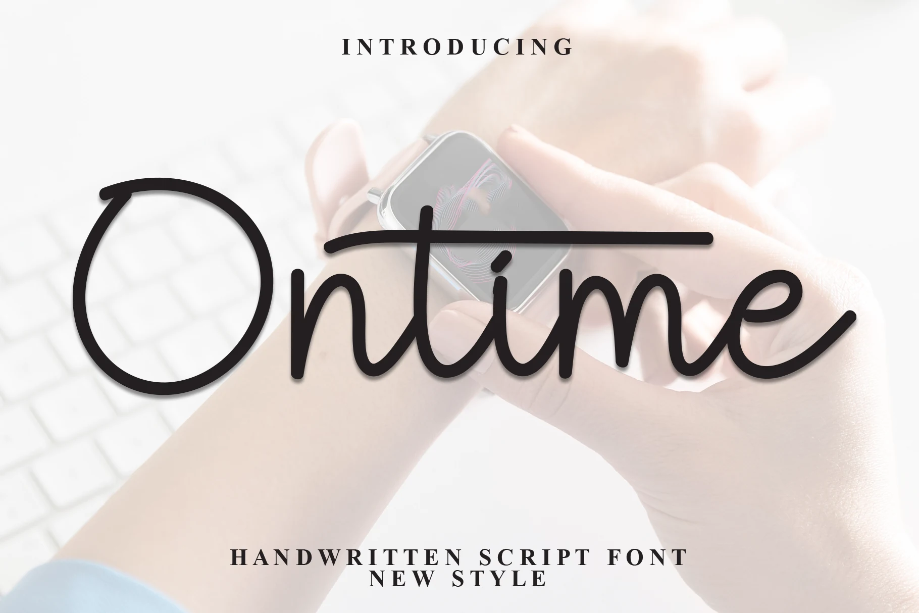 Ontime Font preview in bold rounded black script with a sweeping circular capital O and long crossbar