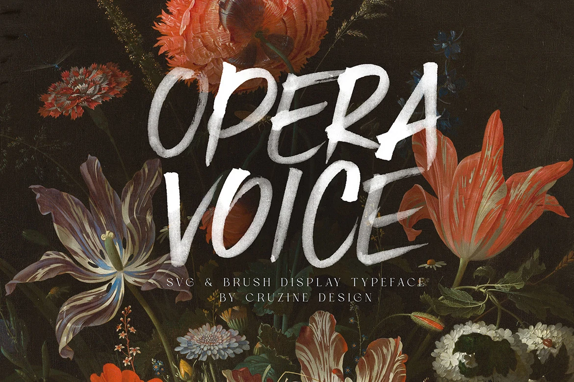 Opera Voice Font preview in bold white uppercase brush lettering with rough textured strokes