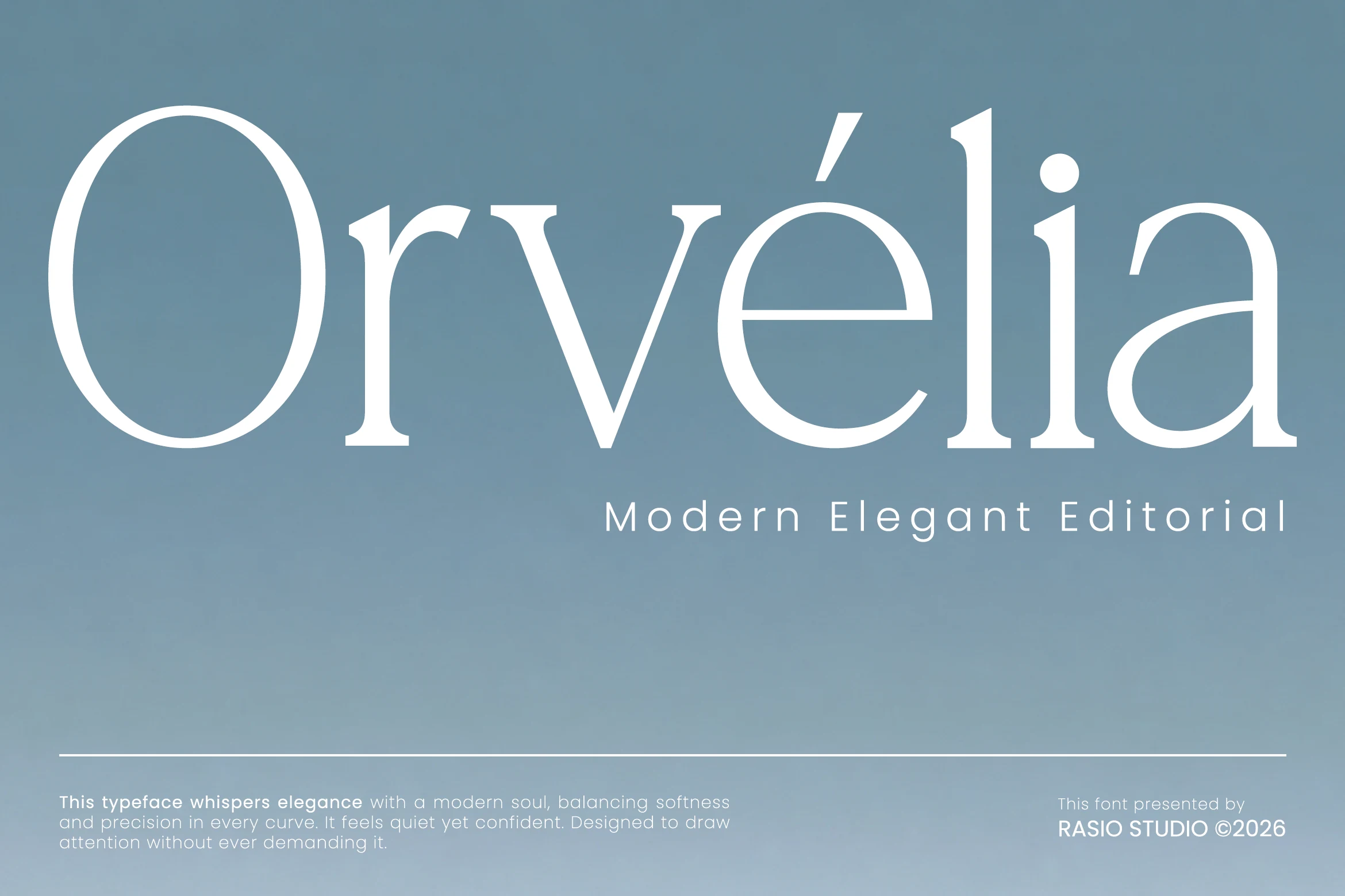 Orvelia Font preview with elegant white editorial serif lettering and delicate sharp serifs