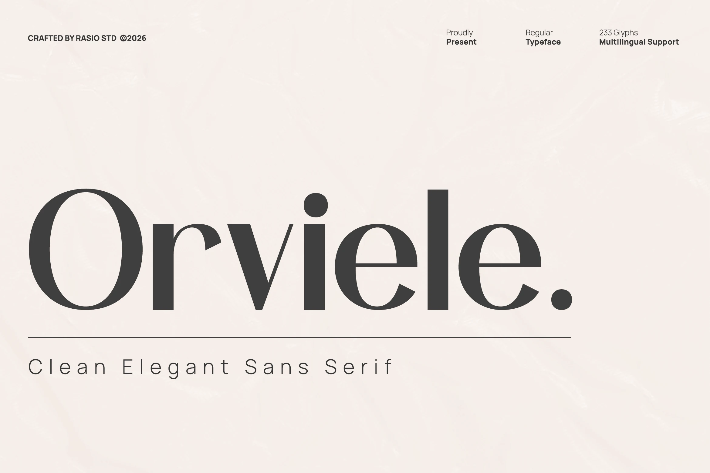 Orviele Font preview with high-contrast elegant sans serif lettering, bold stems, and sweeping curves