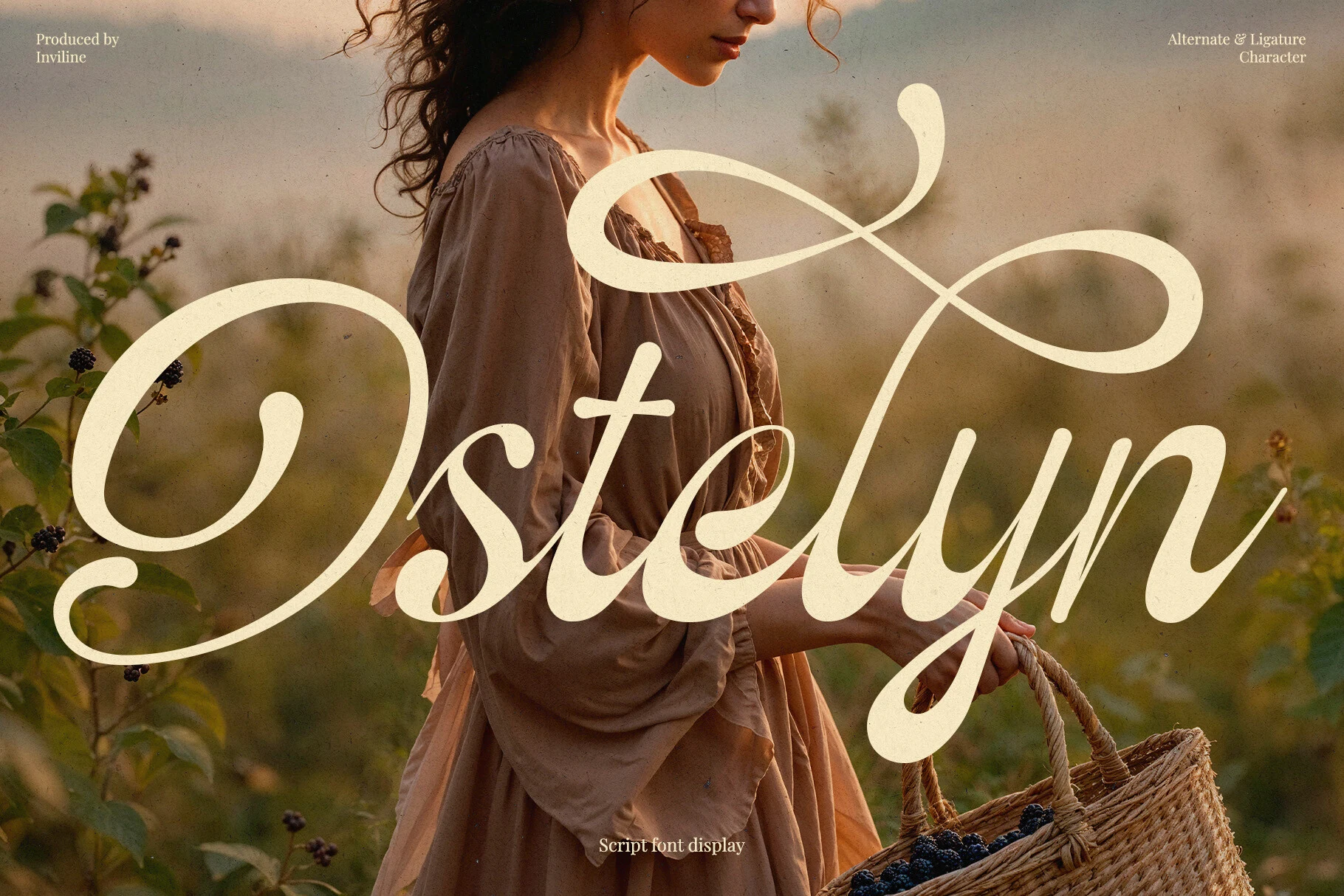 Ostelyn Regular Font preview with cream romantic script, sweeping swashes, and flowing connected letters