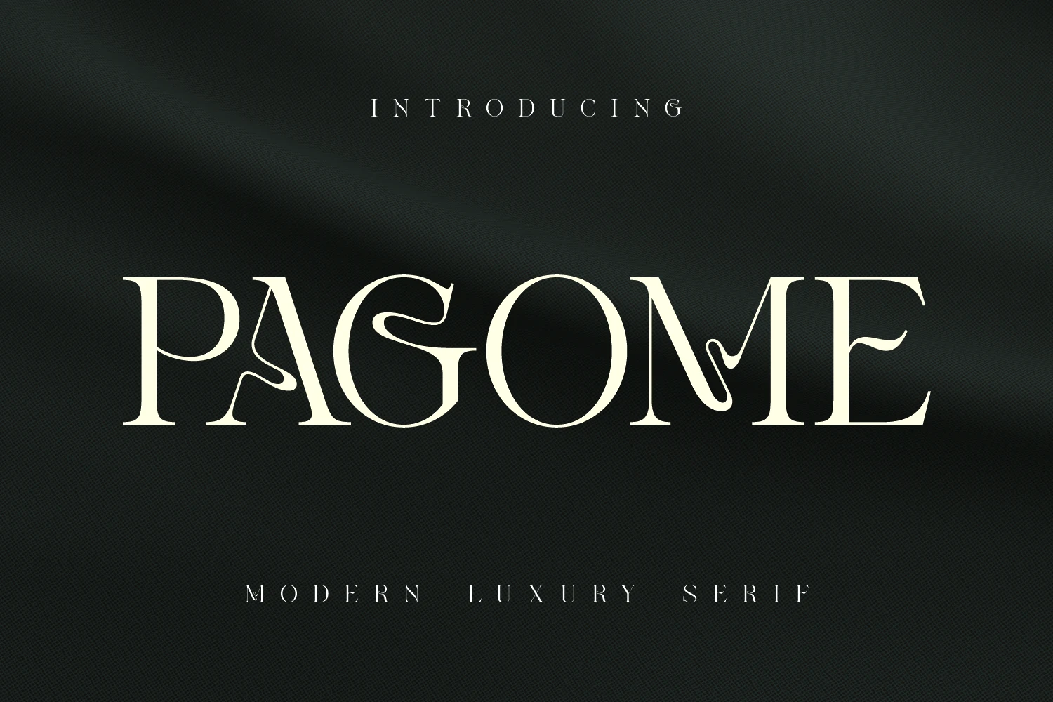 Pagome Font preview with cream high-contrast serif lettering and fluid ligatures on a dark background