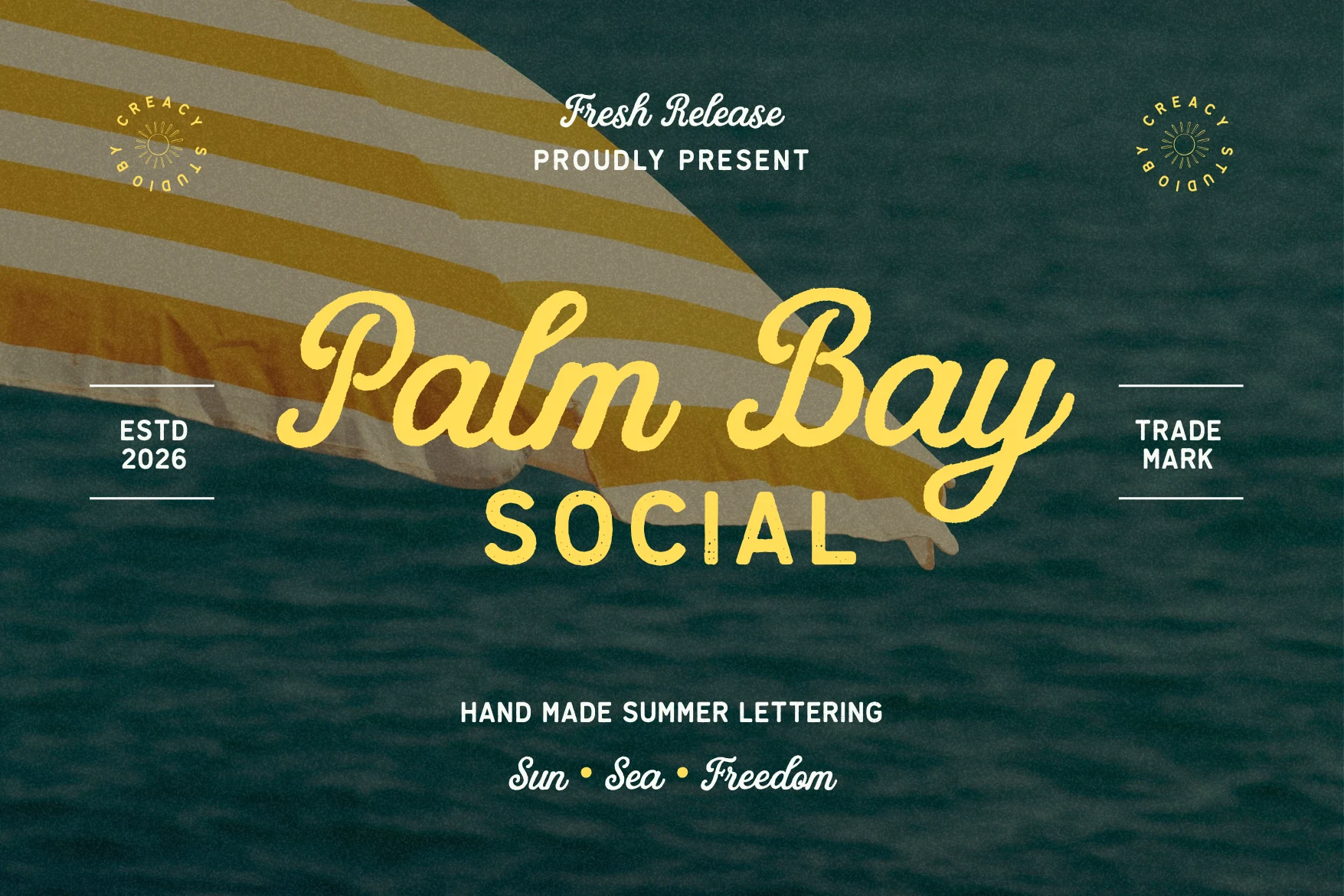 Palm Bay Social font preview with yellow retro script and distressed sans lettering