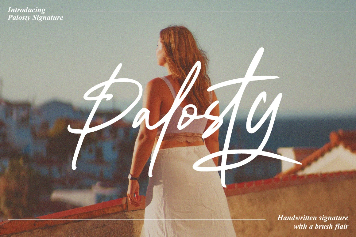 Palosty Font preview with white brush signature script, sweeping swashes, and tall strokes
