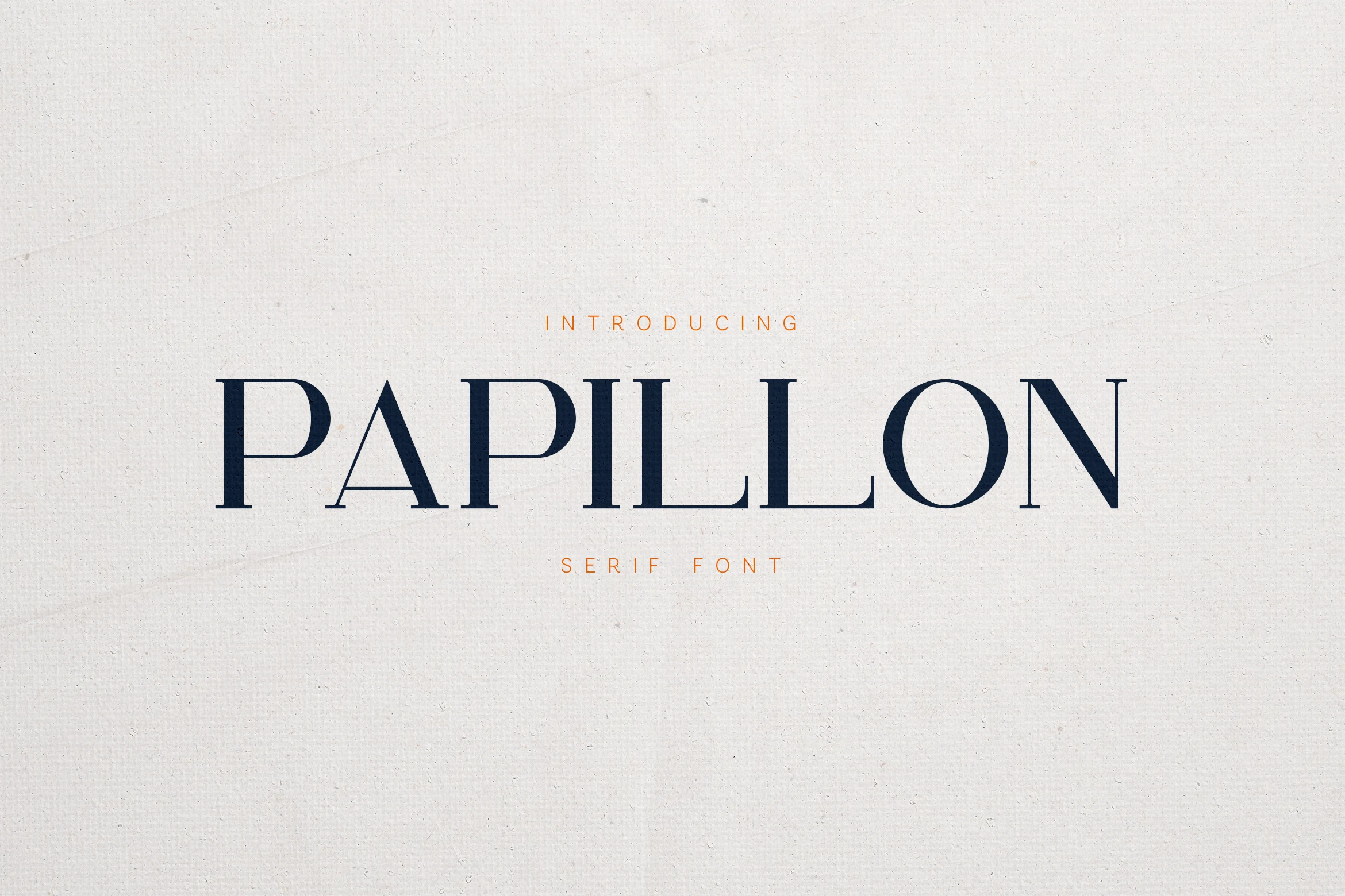 Papillon Serif – Elegant Modern Luxury Font preview with dark blue refined serif capitals and slim high-contrast strokes