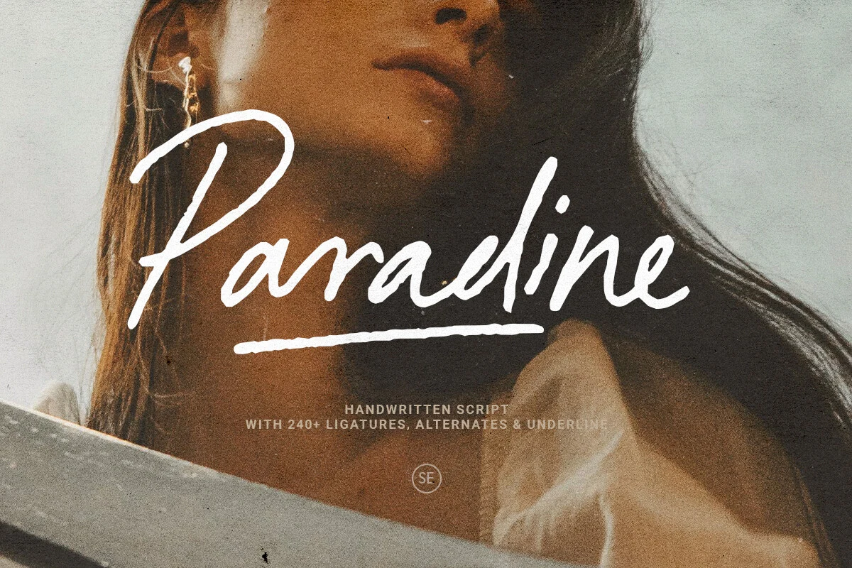 Paradine Font preview in white textured handwritten script with a slanted brush look and underline