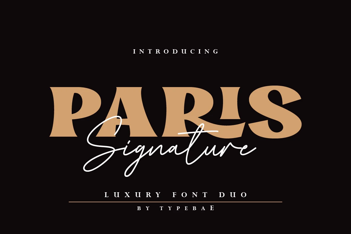 Paris Signature Font preview with tan bold serif capitals and white flowing signature script