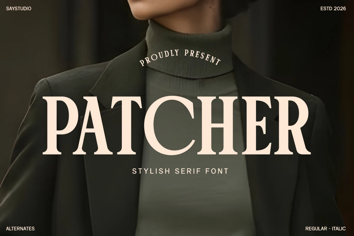 Patcher Font preview with large cream serif lettering on a dark fashion portrait