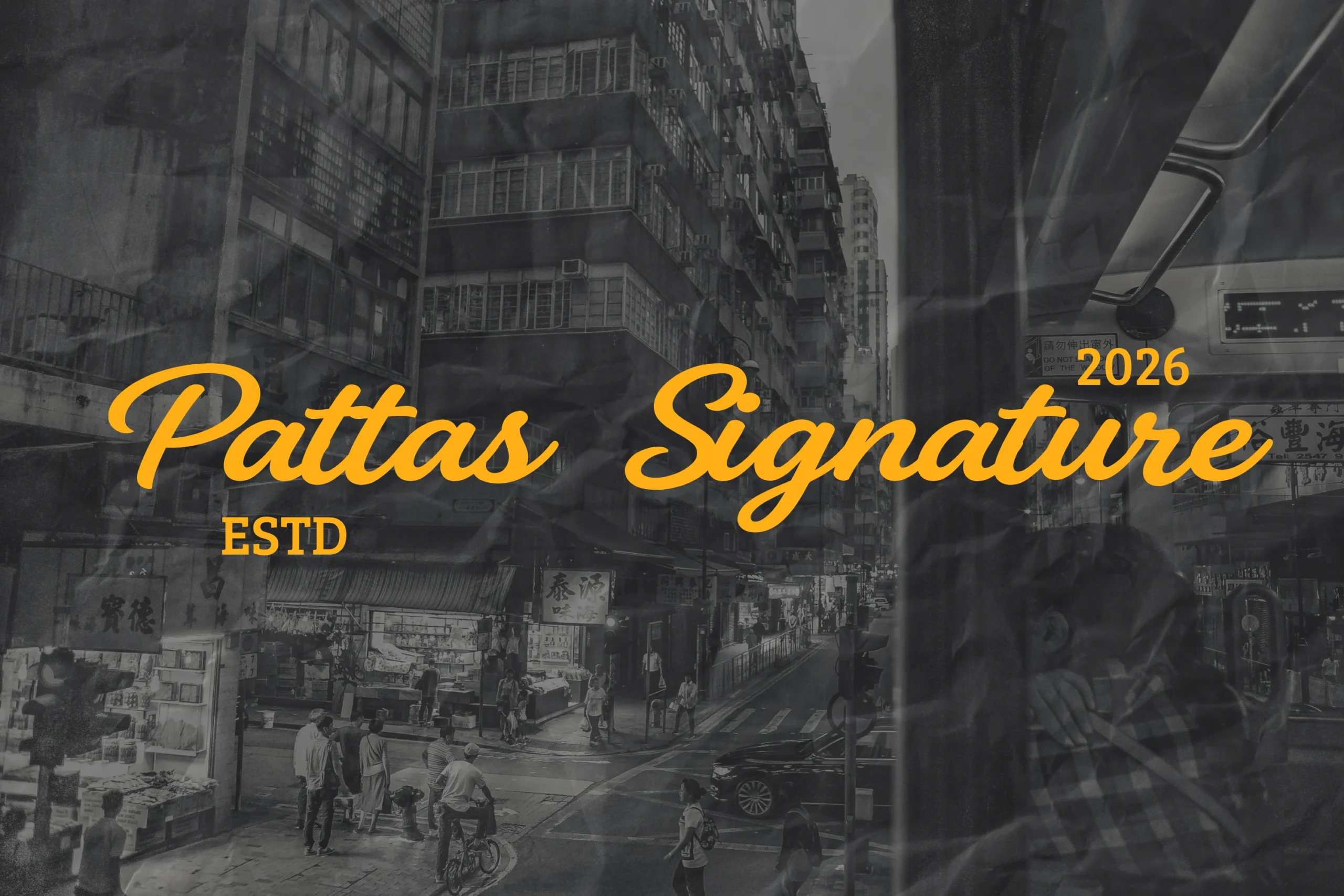 Pattas Signature Font preview with yellow slanted monoline script and looping uppercase letters