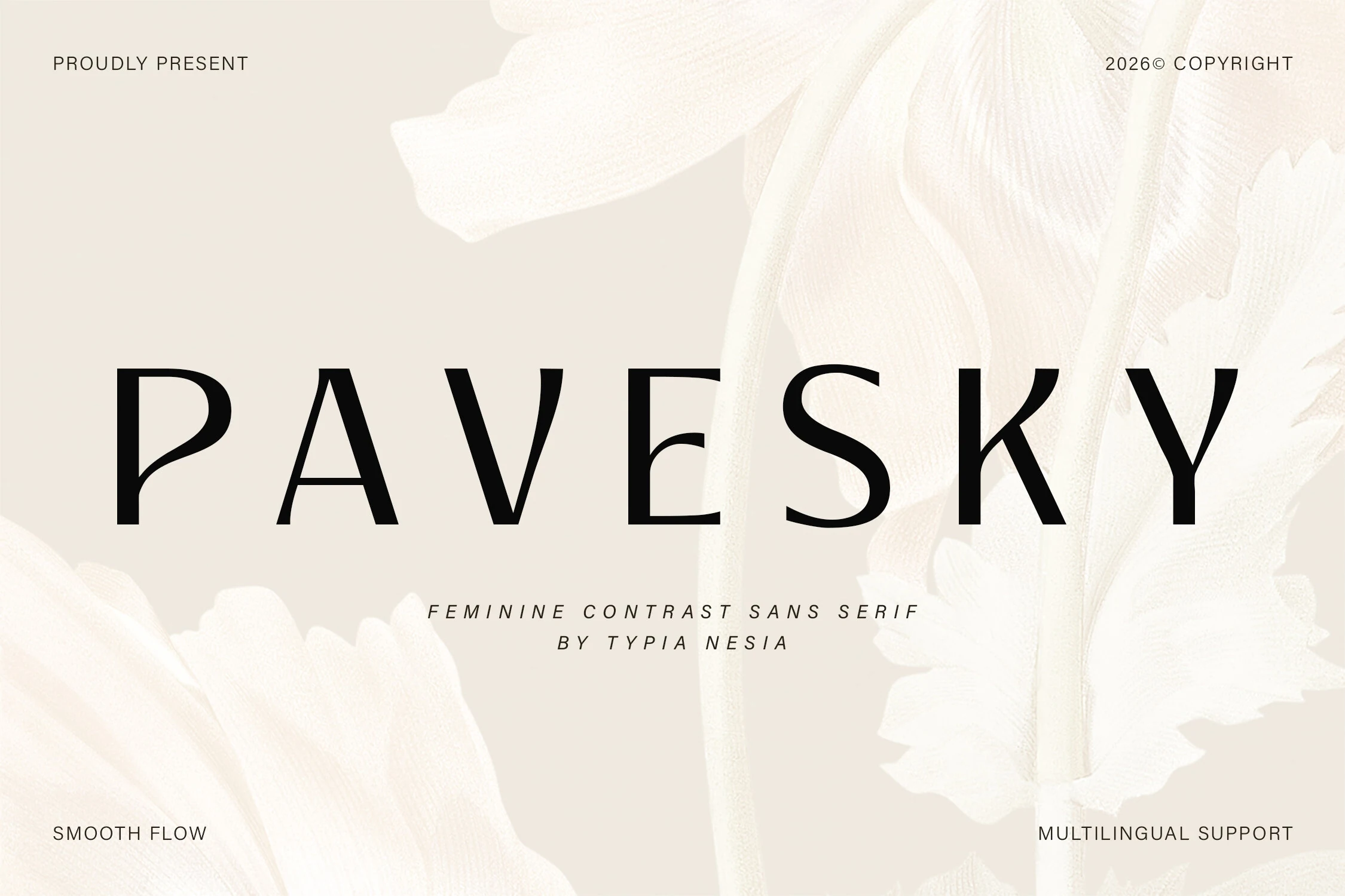 Pavesky Font preview in black uppercase sans serif lettering with elegant contrast and wide spacing