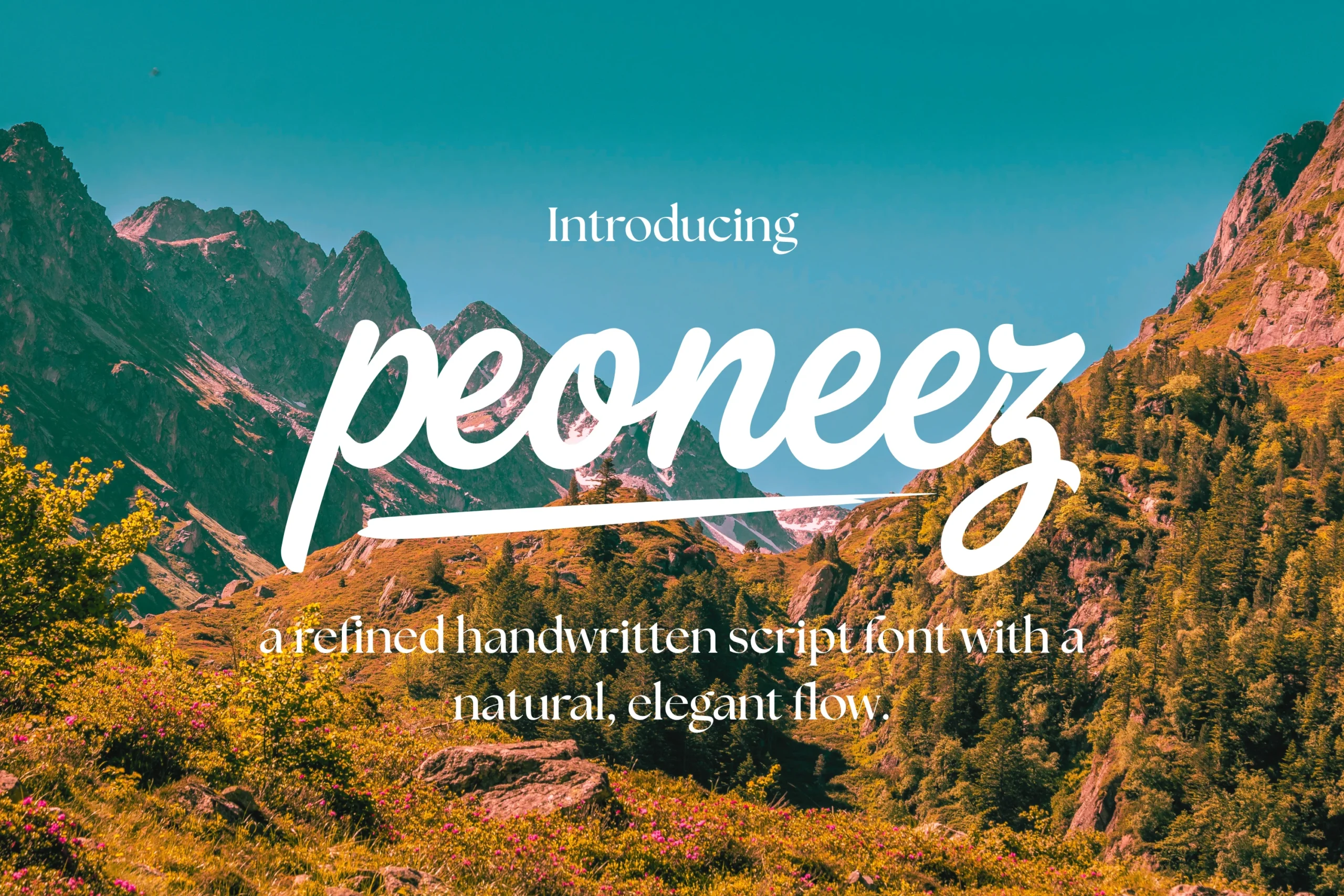 Peoneez Font preview in bold white handwritten script with a long underline swash over a mountain landscape