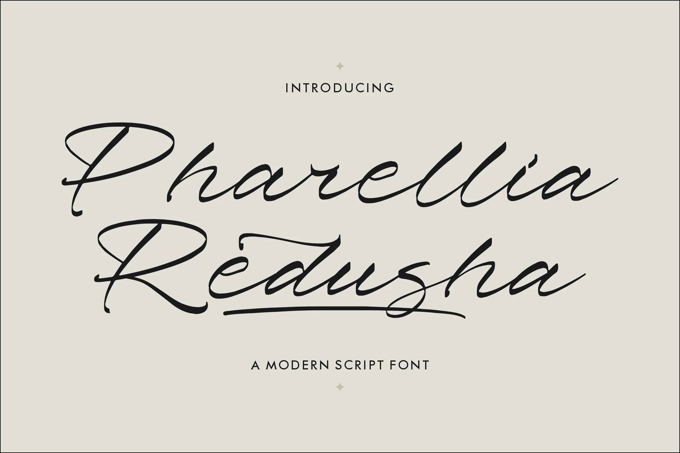 Pharellia Redusha Font preview with flowing black signature script, looped capitals, and long swashes
