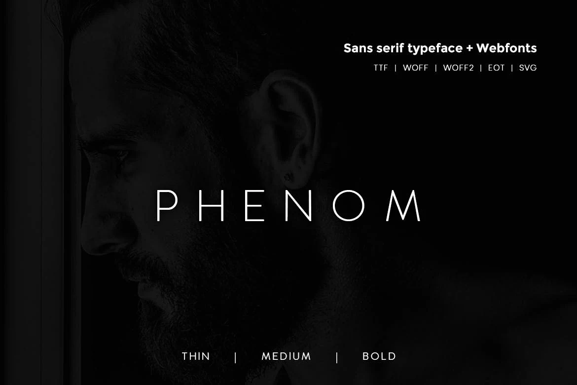 Phenom Font preview with thin spaced uppercase sans serif lettering