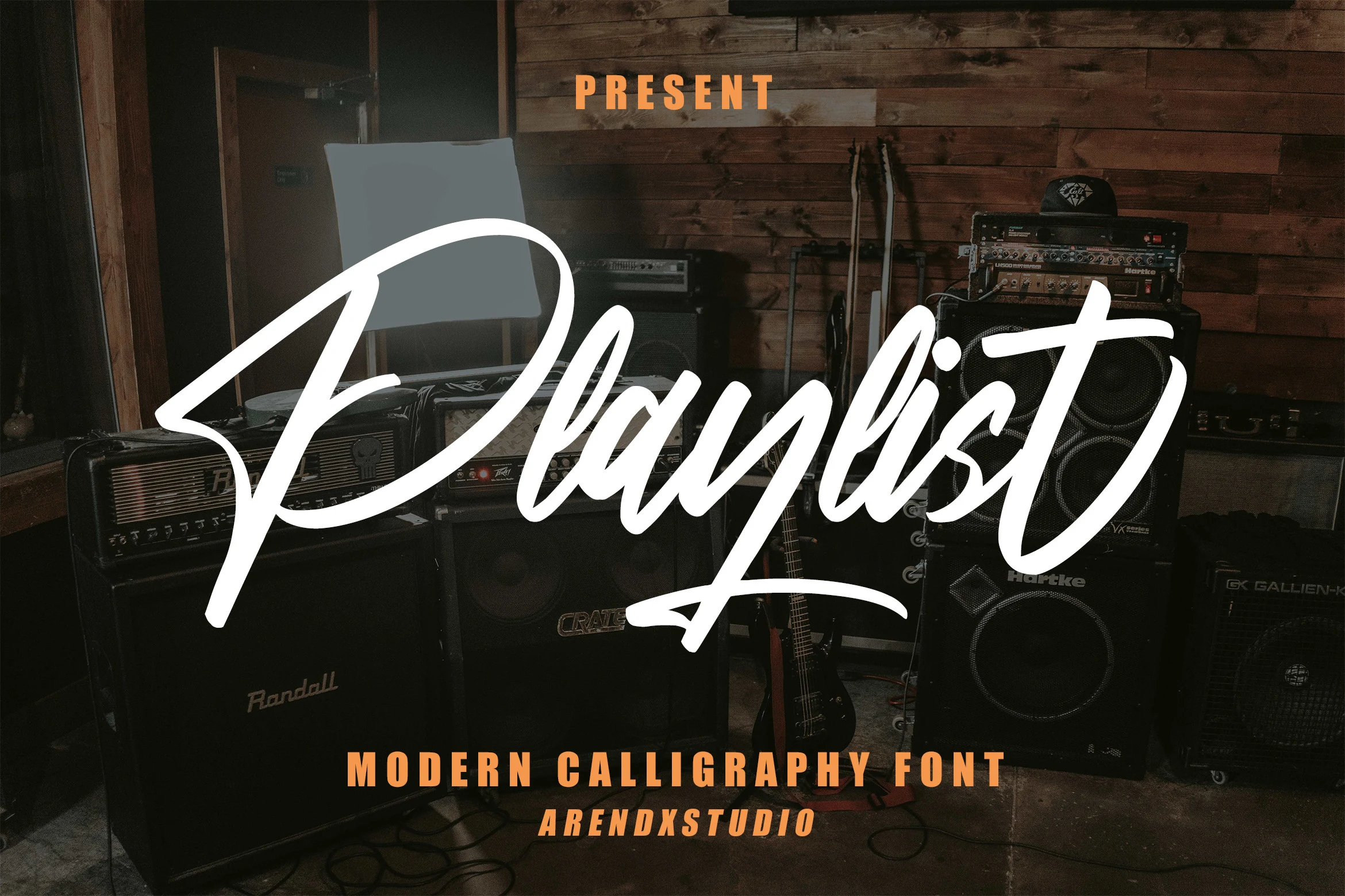 Playlist Font preview with bold white handwritten script, sweeping capital stroke, and connected letters