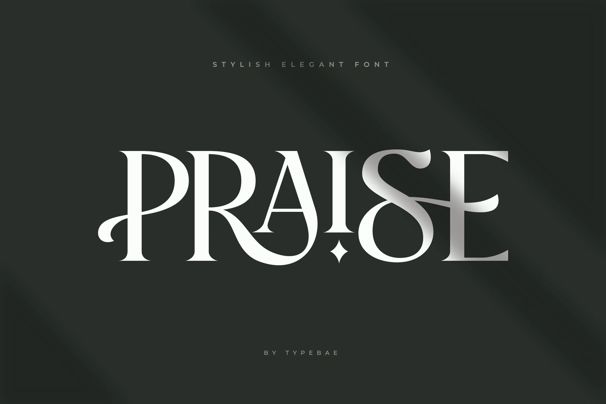 Praise Font preview with elegant white display serif lettering and sweeping flourishes