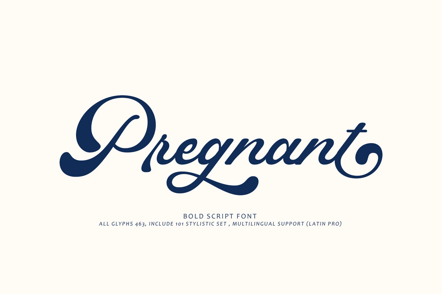 Pregnant Font preview with navy bold script lettering, large looped capital, and sweeping terminals