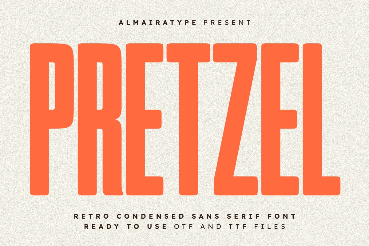 Pretzel Font preview with tall orange retro condensed sans serif lettering