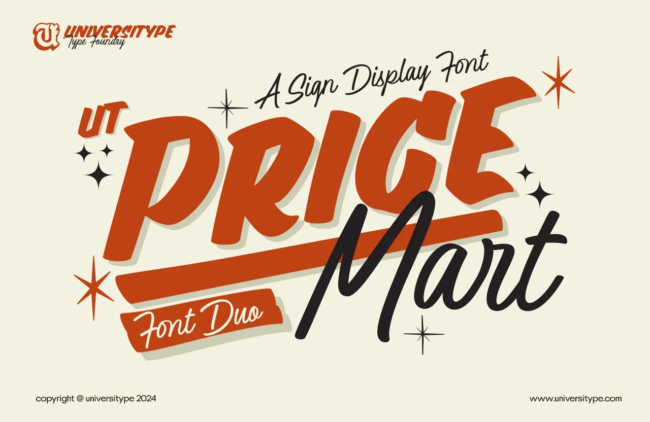 Price Mart Duo Font preview with bold retro block letters and flowing black script