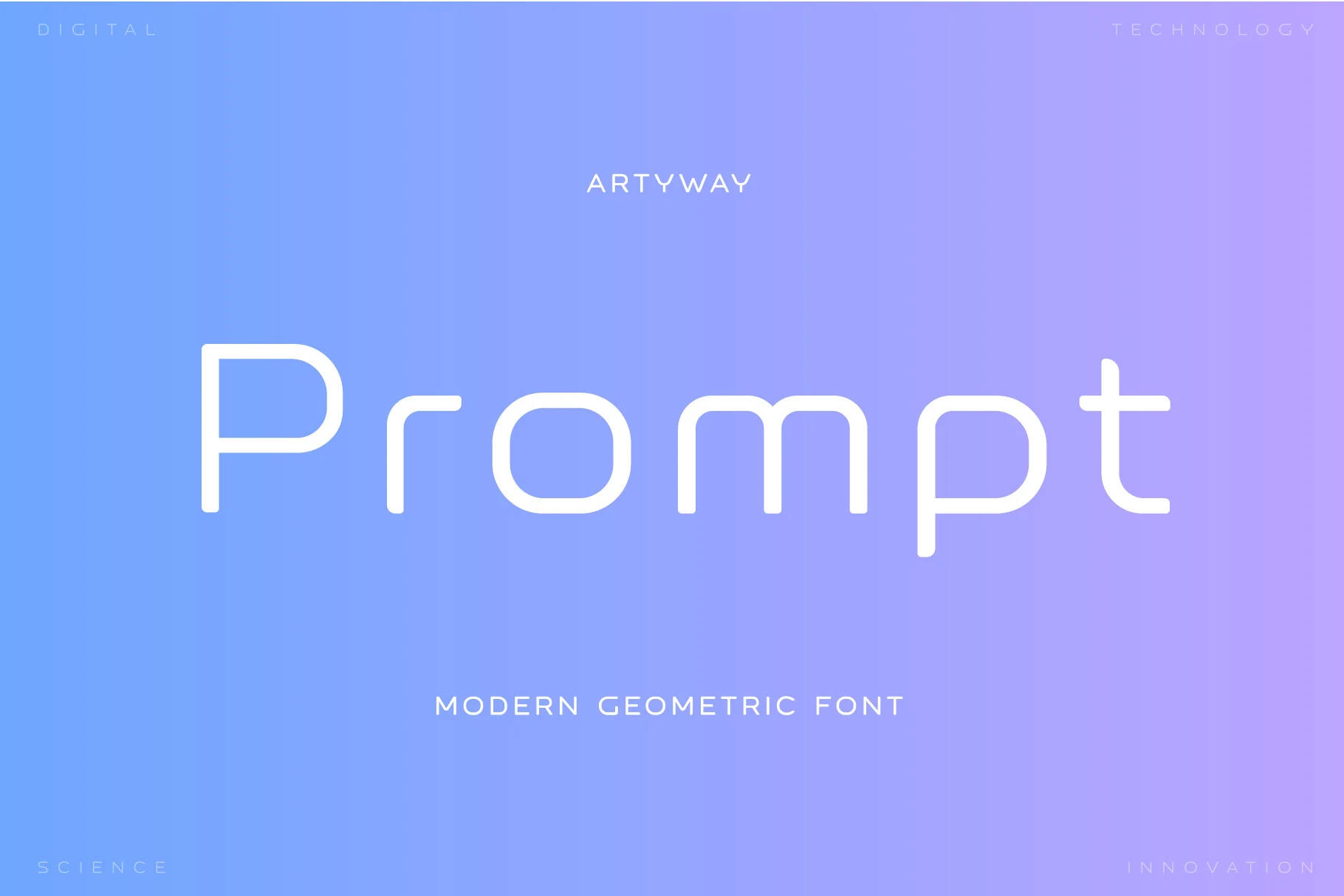 Prompt Font preview in thin white geometric sans lettering on a blue to lavender gradient background