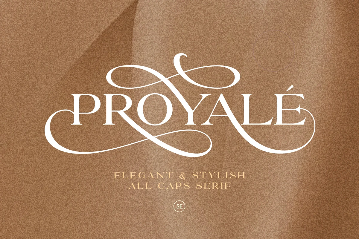 Proyale Font preview in white all-caps serif lettering with dramatic swash flourishes
