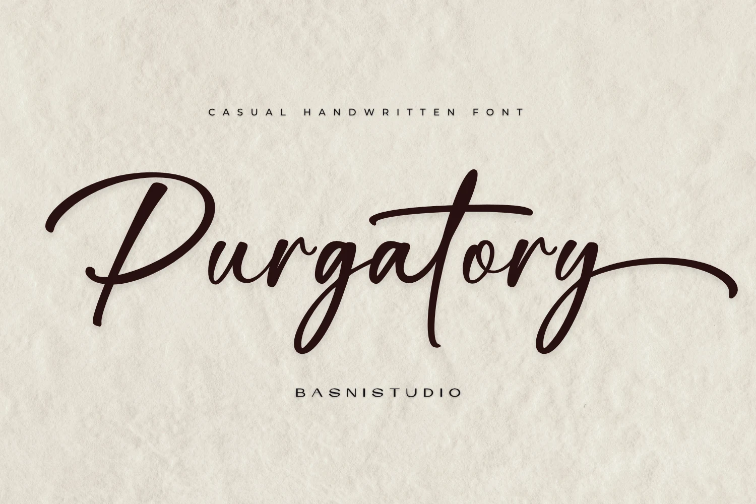 Purgatory Font preview in dark brown elegant handwritten script with long flowing swashes