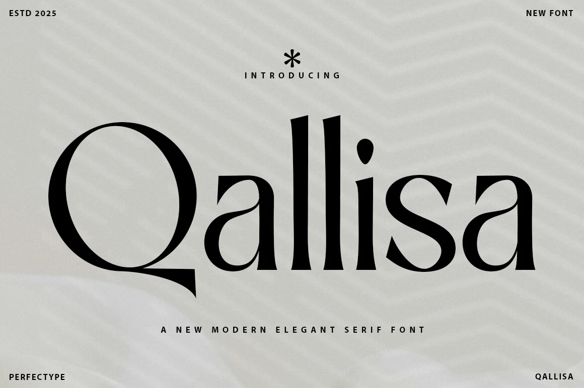 Qallisa Font preview in bold black modern lettering with an oversized Q on a soft gray background