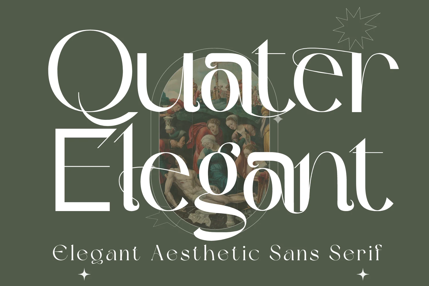 Quater Elegant Font preview with large white decorative serif lettering and sweeping swashes on a muted green background
