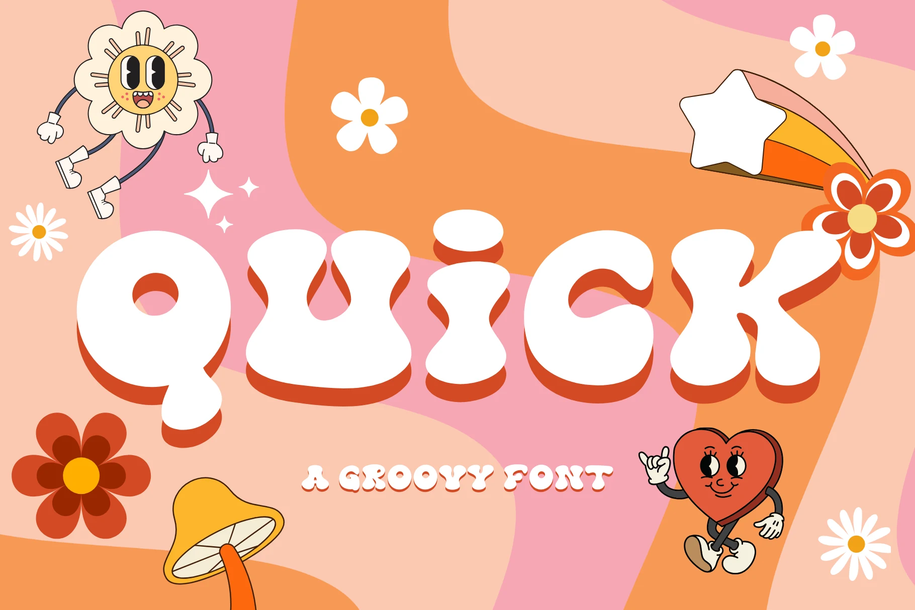 Quick Font preview in chunky white groovy lettering with orange shadow