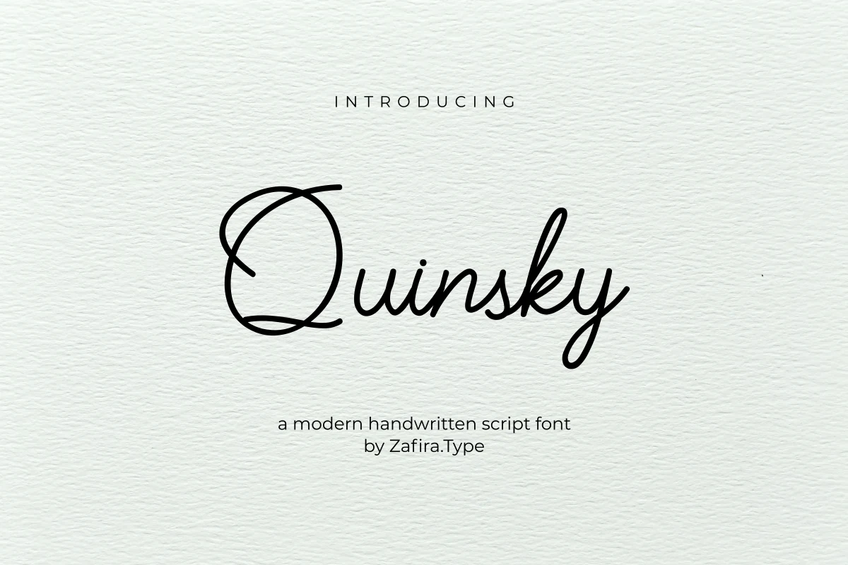 Quinsky Font preview showing black monoline signature script with a large looping Q on a textured white background