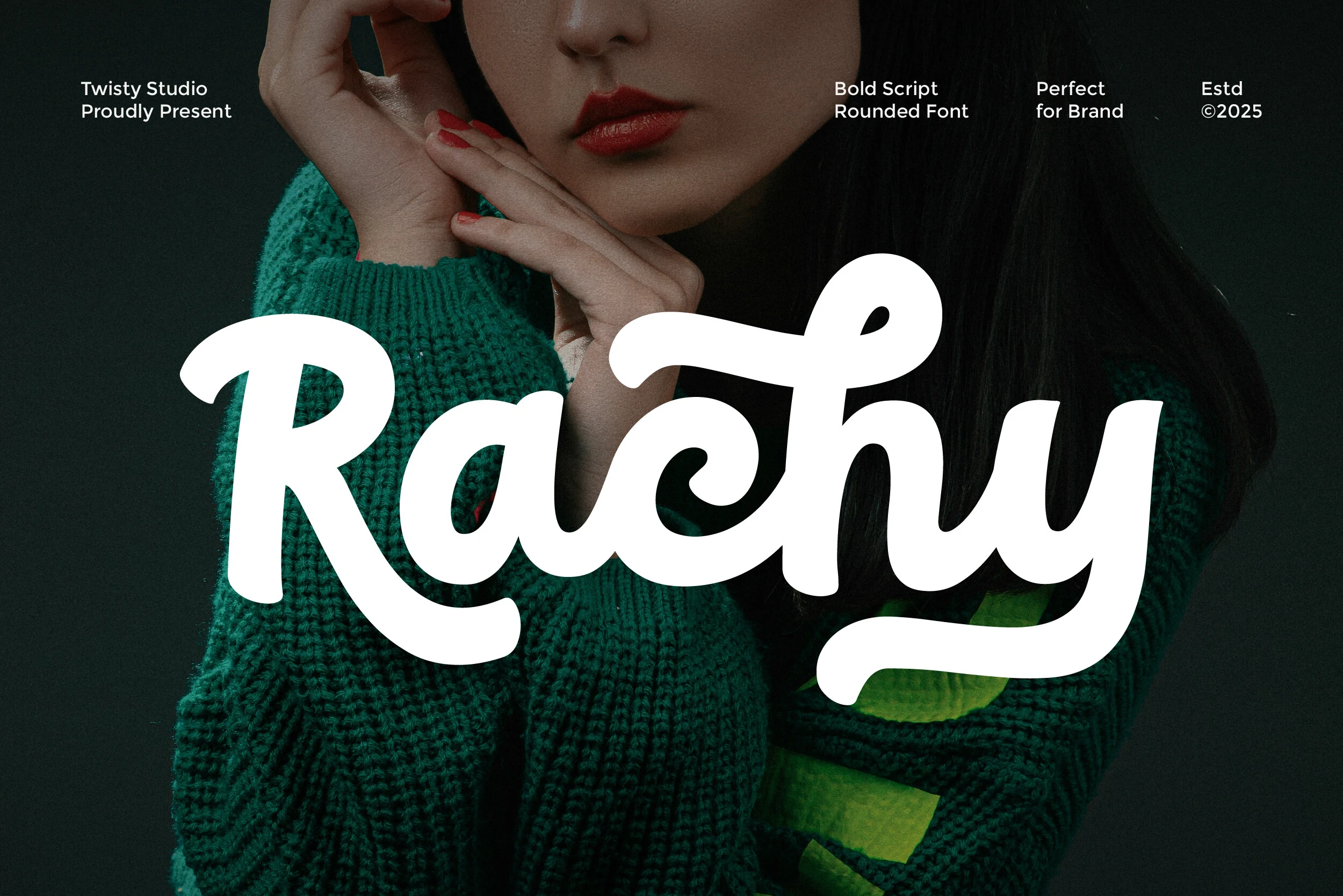 Rachy Font preview with white bold rounded script and smooth connected strokes