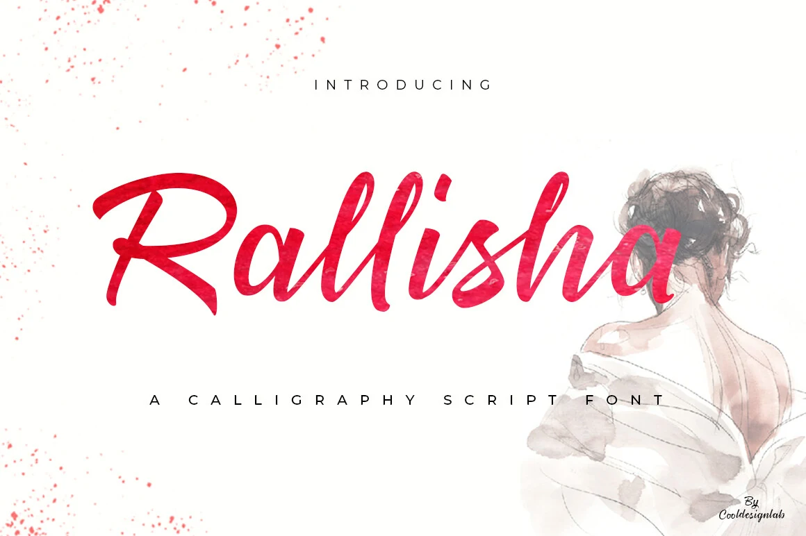 Rallisha Font preview with pink calligraphy script, smooth brush texture, and flowing handwritten strokes