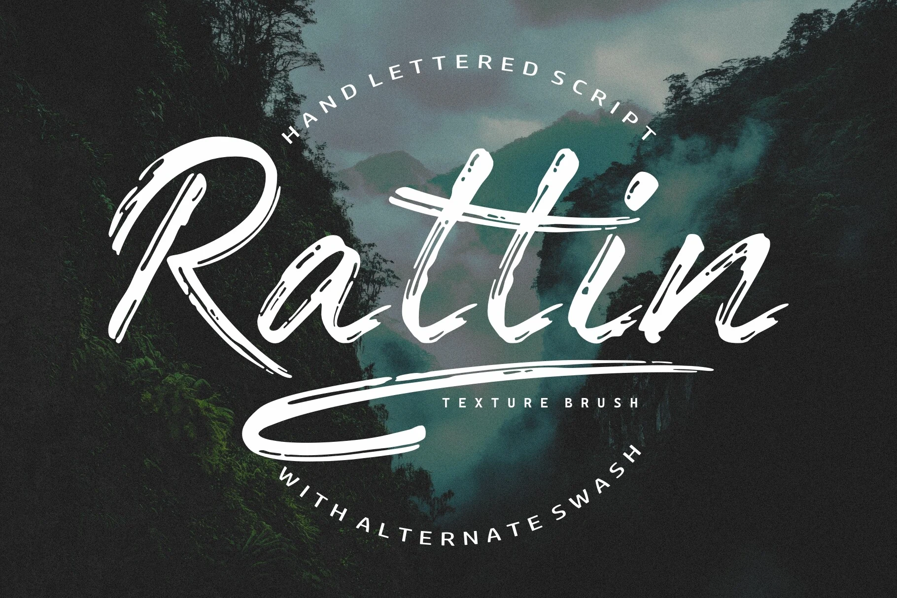 Rattin Font preview with white textured brush-script lettering, long swash underline, and rough ink gaps