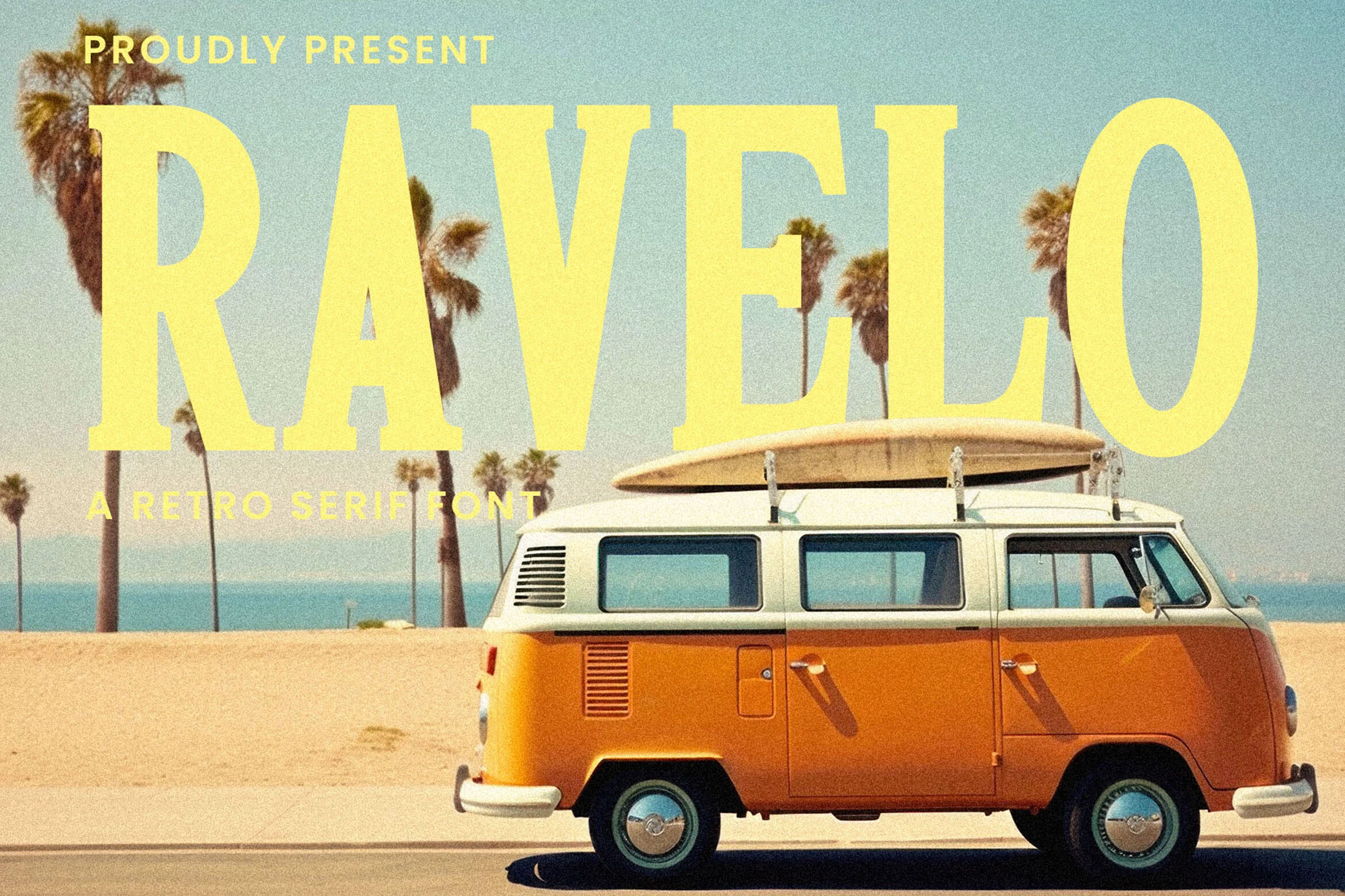 Ravelo Font preview with large soft yellow retro serif lettering