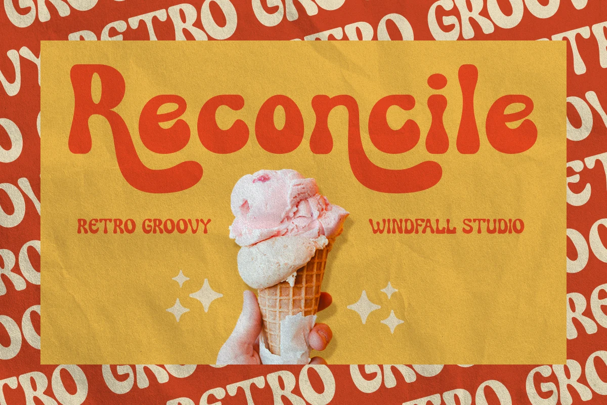 Reconcile Font preview with orange retro groovy letters, chunky rounded shapes, and playful curves