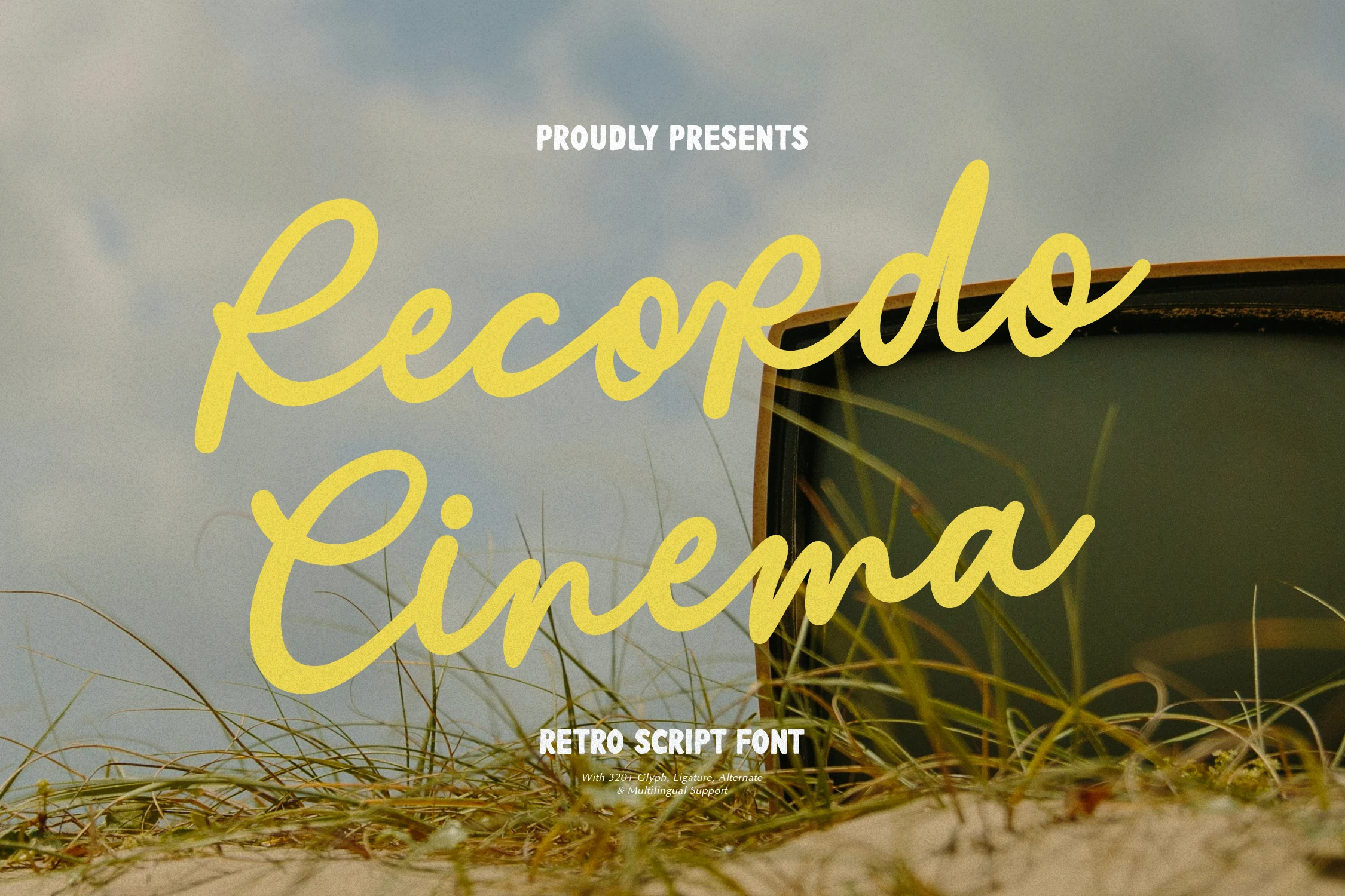 Recordo Cinema Font preview with yellow casual retro script and wide looping strokes