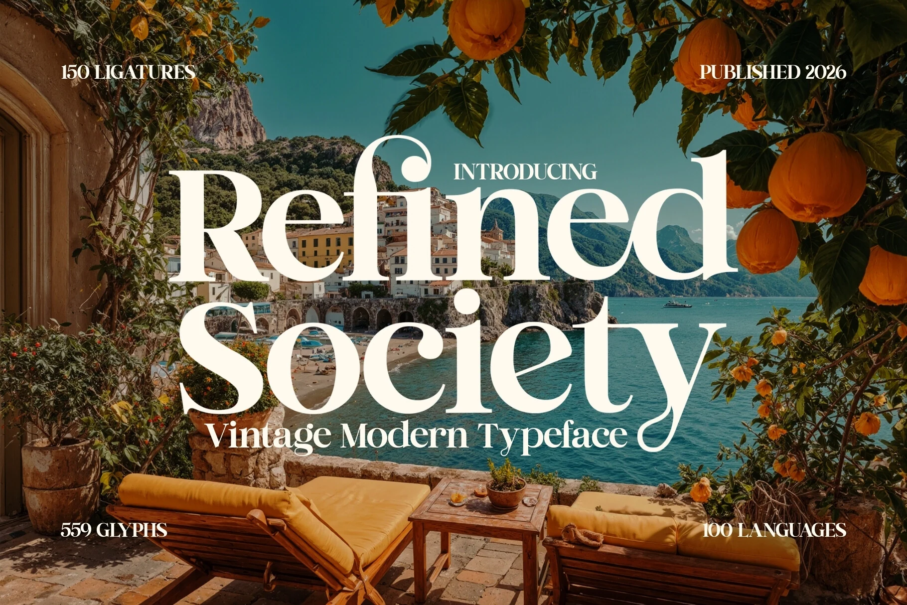 Refined Society Font preview with high-contrast vintage serif lettering and sweeping curves
