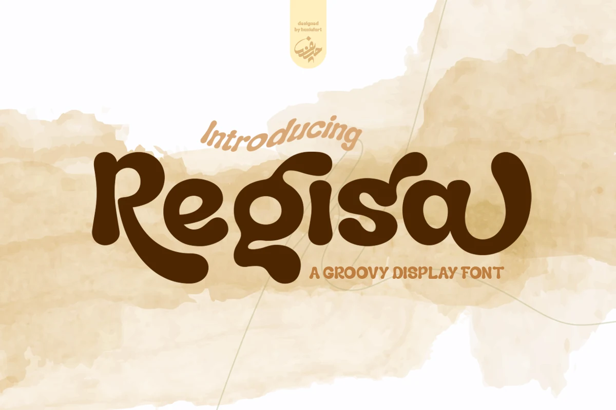 Regisa Font preview with dark brown flowing groovy lettering and rounded retro curves