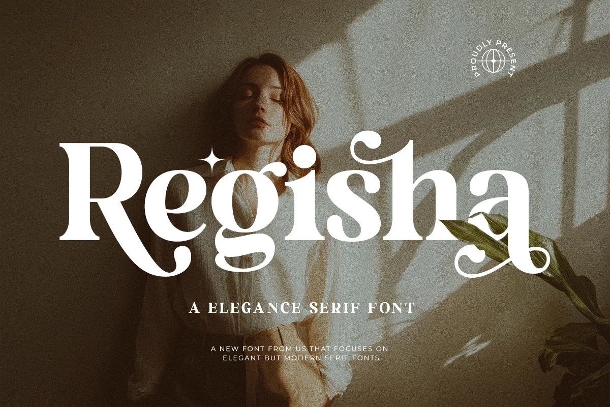 Regisha Font preview with bold white decorative serif lettering, smooth curves, and sweeping terminals