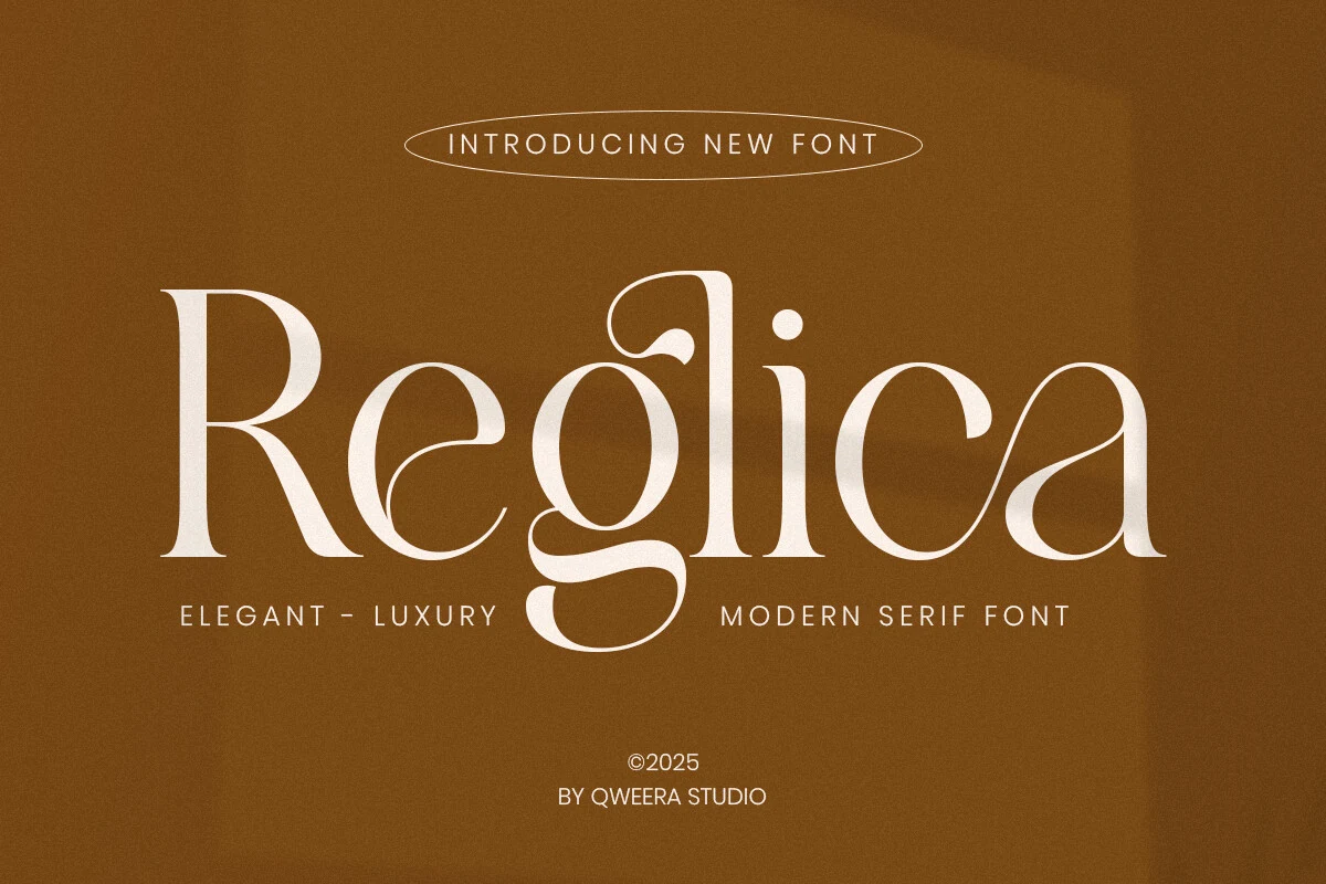 Reglica Font preview showing high-contrast modern serif lettering with graceful curves