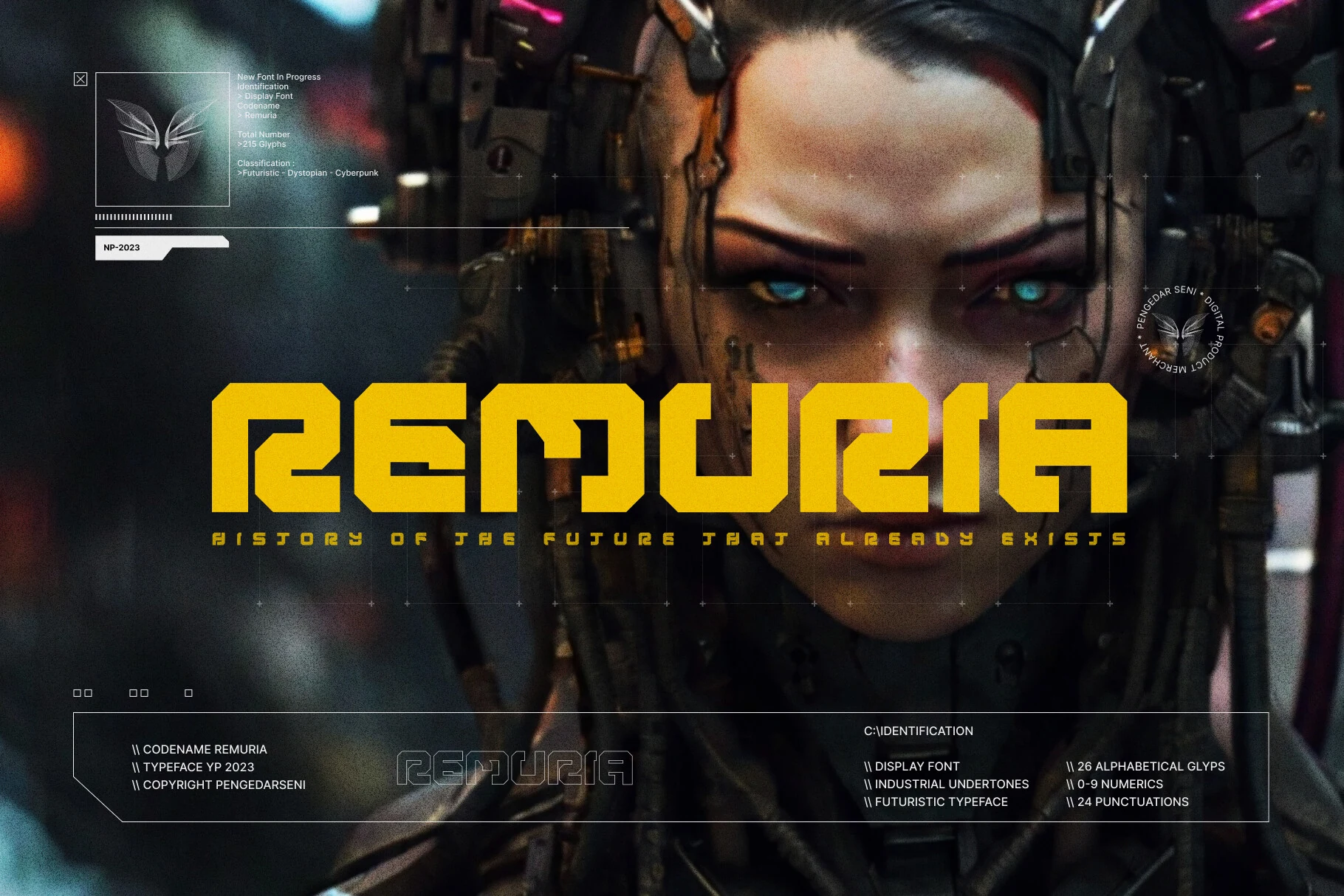 Remuria Font preview with bold angular futuristic yellow display lettering