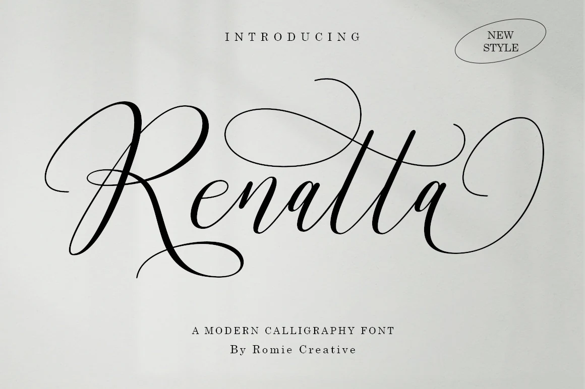 Renatta Font preview in flowing calligraphy script with delicate thin strokes and long flourished swashes